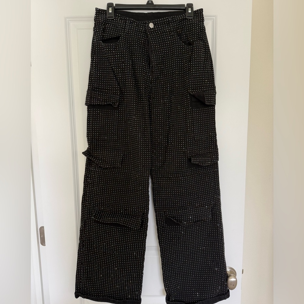 SHEIN Black Rhinestone Detailed Cargo Pants